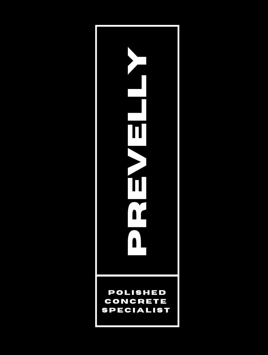 A black rectangle with the word "PREVELLY" written vertically in white and "POLISHED CONCRETE SPECIALIST" in a smaller box at the bottom, all on a black background.